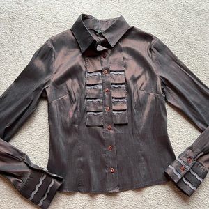 Green & Country Brown Metallic Top Blouse Stripe Button Down Shirt Long Sleeve S